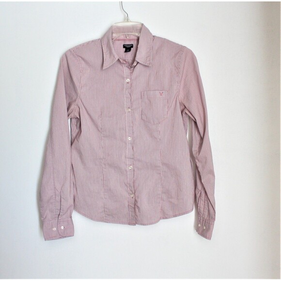American Eagle Blouse Size 6 Purple Pink & White Pinstripes Long Sleeves - Picture 2 of 4
